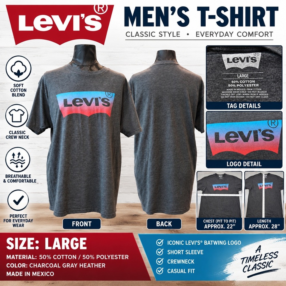 Levis Mens T-Shirt Large Charcoal Gray Heather Gradient Batwing Logo Crewneck